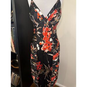 Adrianna Pappell Black and Red 100% Silk Floral Pattern and Beading | Size 14
